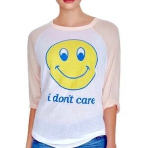 Wildfox White Tee with Yellow Smiley and Blue Text - Long Sleeve